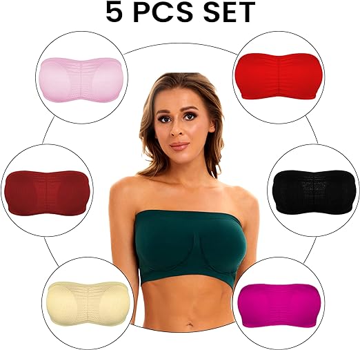 5 Pcs Set Strapless Tube Top Bras Bras for Women with Multi Color Options (Free Size)